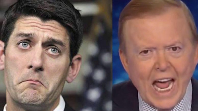 Paul Ryan sells out to the Democrats on the Floor. Lou Dobbs unloads his displeasure! Photo credit to Odyssey, Screen Grab and US4Trump Compilation.