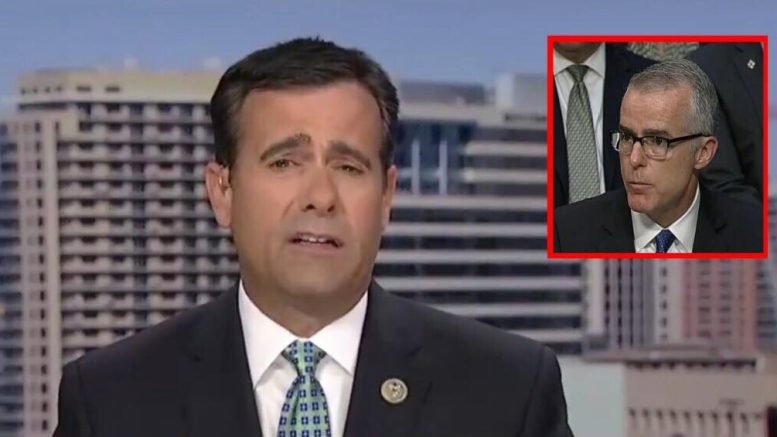 John Ratcliffe (TX-R) reads the IG report and interviews with Maria Bartiromo about the contents. Photo credit to US4Trump with Fox & CNBC Screen Captures.