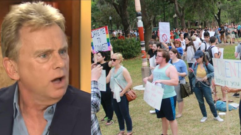 Pat Sajak speaks out on First Amendment rights. Photo credit to WUFT, US4Trump Screen Capture of UF Protest Against Shapiro.