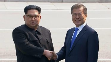 Historic handshake as Kim Jong-un of NOKO crosses over to SOKO to meet Moon Jae-in. Photo credit to US4Trump with CNBC Screen capture.