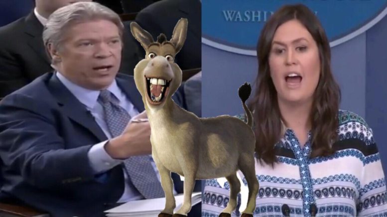 Sarah Sanders pins the facts down during the White House Presser. Image credit to US4Trump with YouTube screen shots and enhancement with 2ccrunblog.fr.