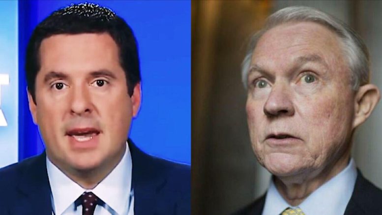 Devin Nunes drops blockbuster on Sessions with potential contempt of Congress charge! Image credit to US4Trump compilation of Left: Fox Screen Grab, Right: Tom Williams/CQ Roll Call.