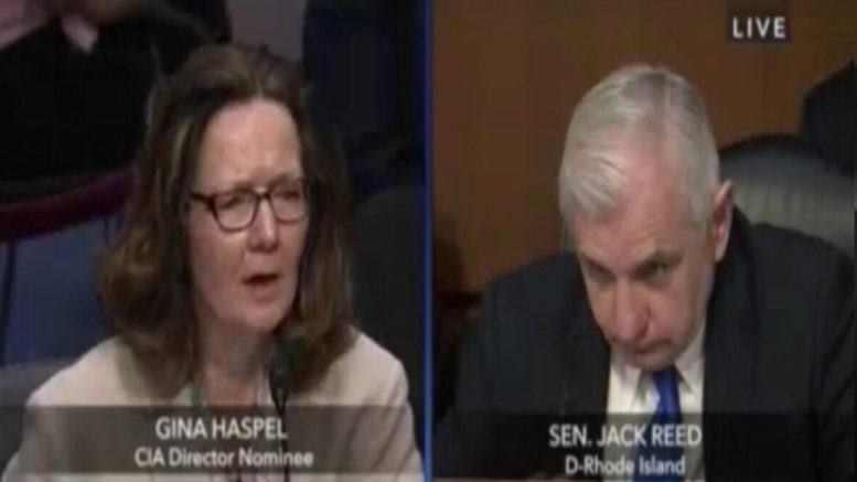 Gina Haspel during her Senate confirmation hearing. Image credit to US4Trump compilation sourced with video screen shots.