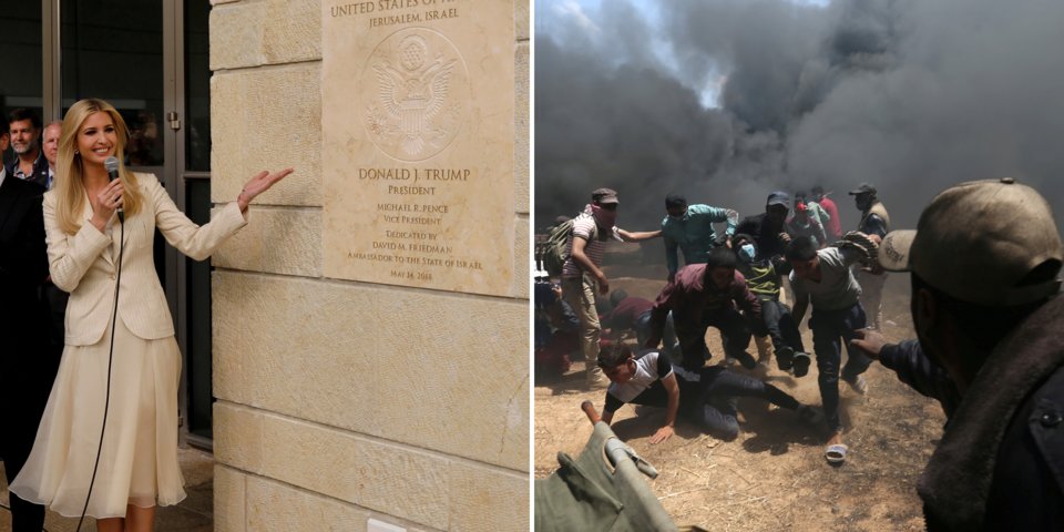 The left juxtaposes US Embassy opening in Jerusalem as Isralei soldiers fend off the Palestinians who oppose it. Photo credit to REUTERS/Ronen Zvulun/Ibraheem Abu Mustafa.