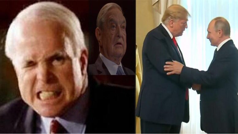 McCain and media slam President Trump on Helsinki Summit. Soros compliments Mccain. Polls show great Republican support for POTUS. Image credit to Wonkette, WH Screen Grab, US4Trump Compilation.