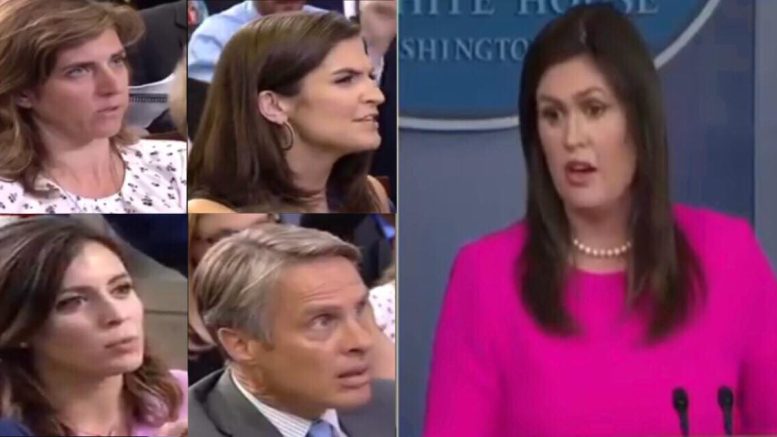 Sarah repeats herself for four reporters. Image credit to US4Trump screen capture compilation.