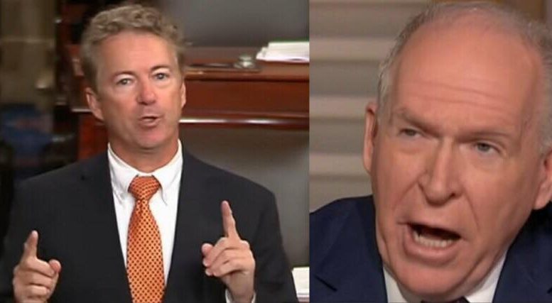 Senator Rand Paul asks for the revocation of John Brennan's security clearance. Photo credit to US4Trump compilation enhancement.